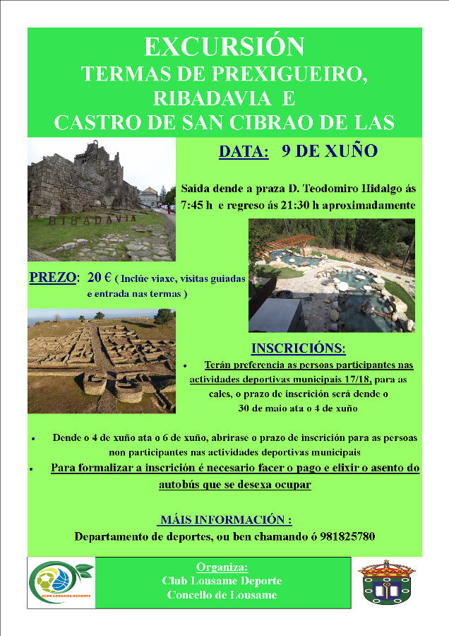 Concello de Lousame e Club Lousame Deporte organizan unha excursión ás termas de Prexigueiro, Ribadavia e San Cibrao de Las
