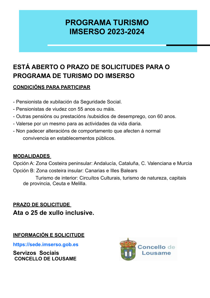 Apertura do prazo de presentación das solicitudes do Programa de Turismo do IMSERSO 2023-2024