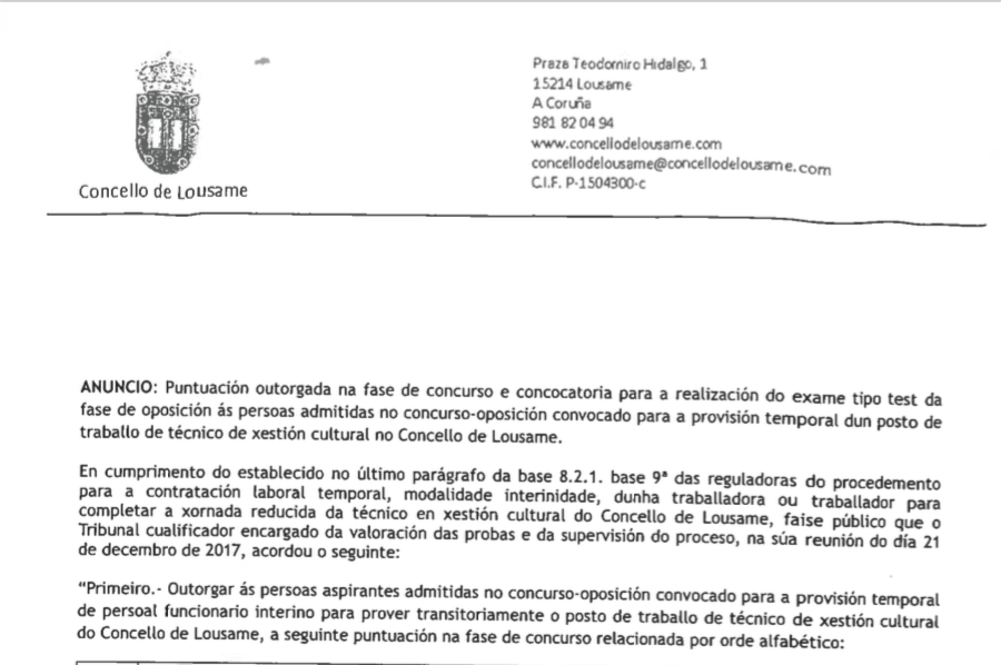 Lista coas puntuación na fase concurso para o posto de Técnico de en xestión cultural