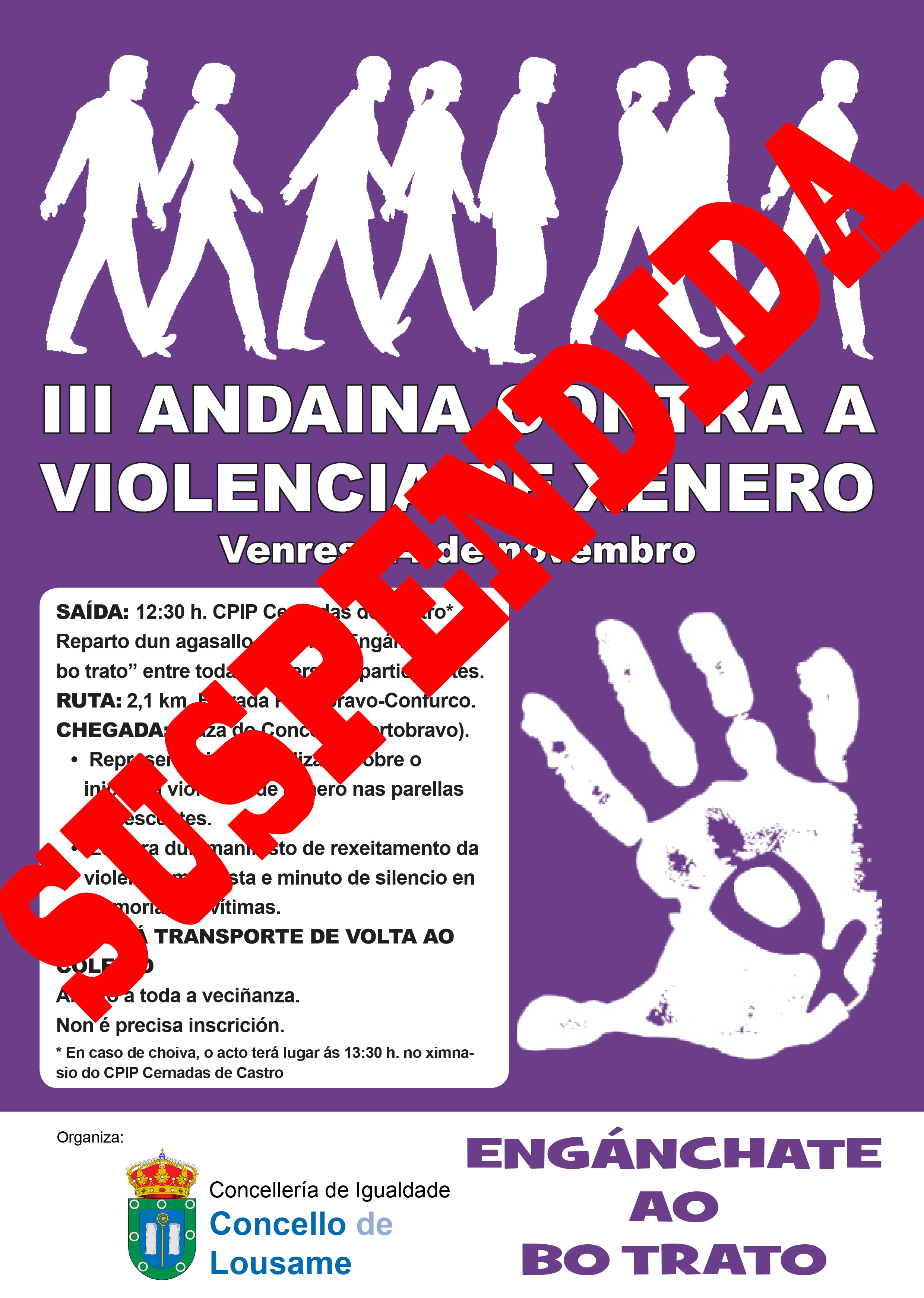 O Concello de Lousame cancela a Andaina contra a Violencia de Xénero ante as previsións de fortes choivas para mañá venres