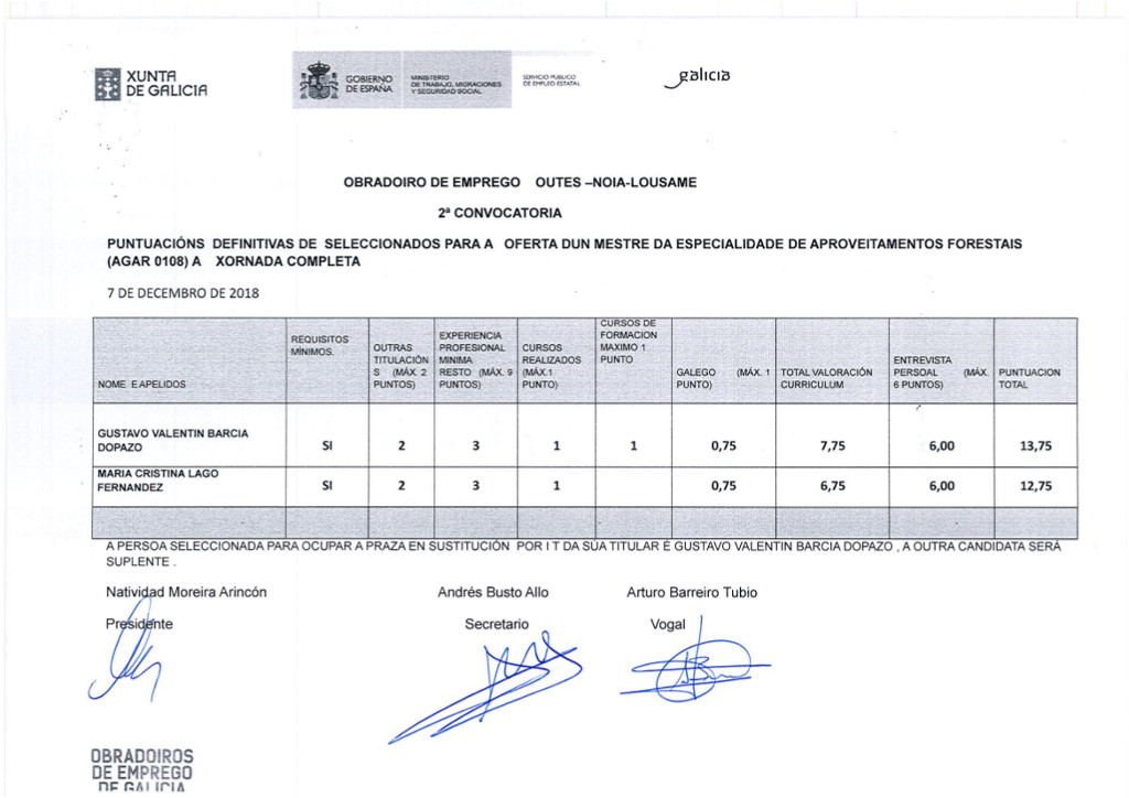 Puntuacións definitivas mestre da especialidade de aproveitamentos forestais
