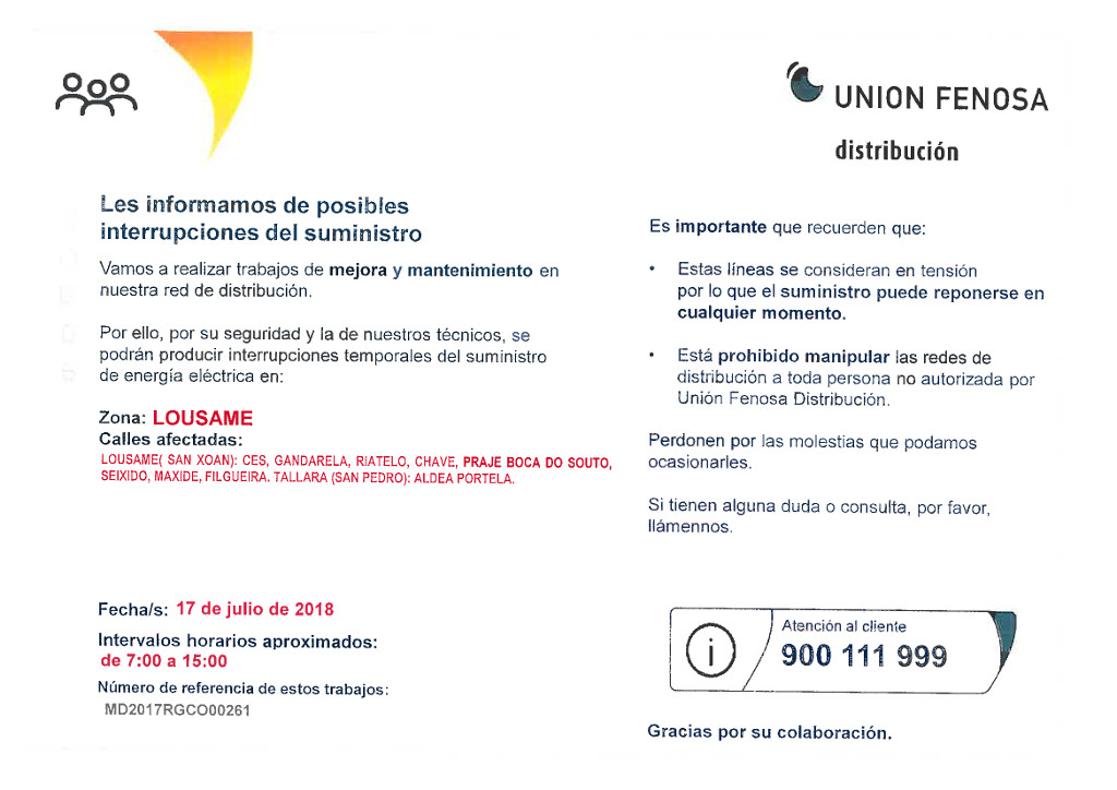 AVISO: Corte da luz o 17 de xullo