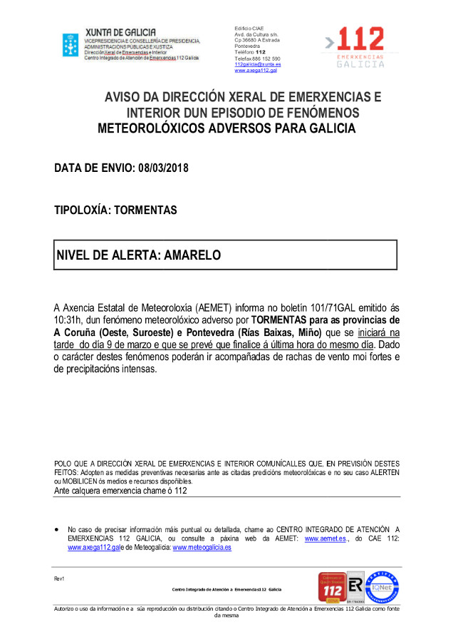 Aviso amarelo por tormentas