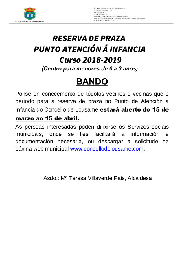 Reserva de praza Punto Atención á Infancia