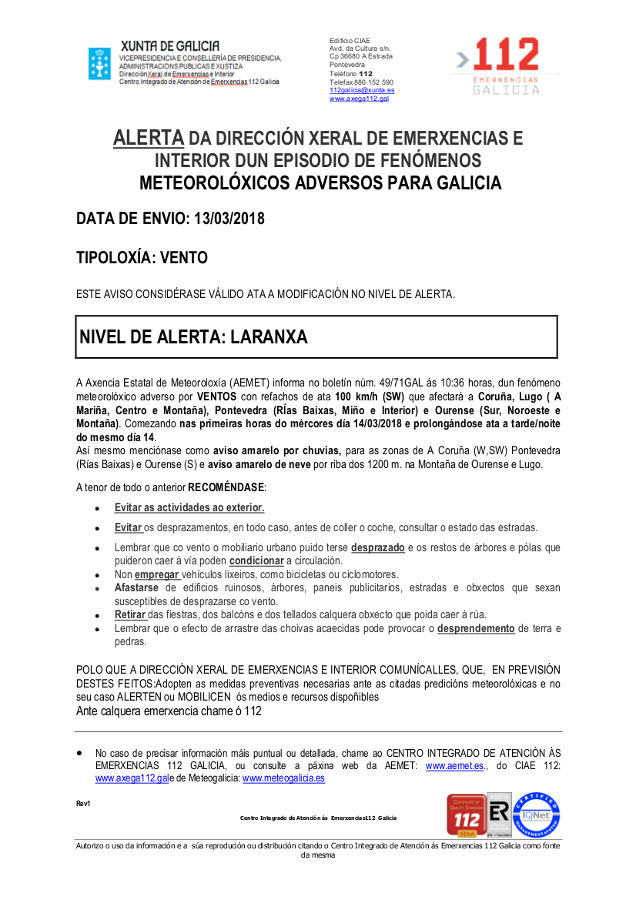 Alerta laranxa por vento