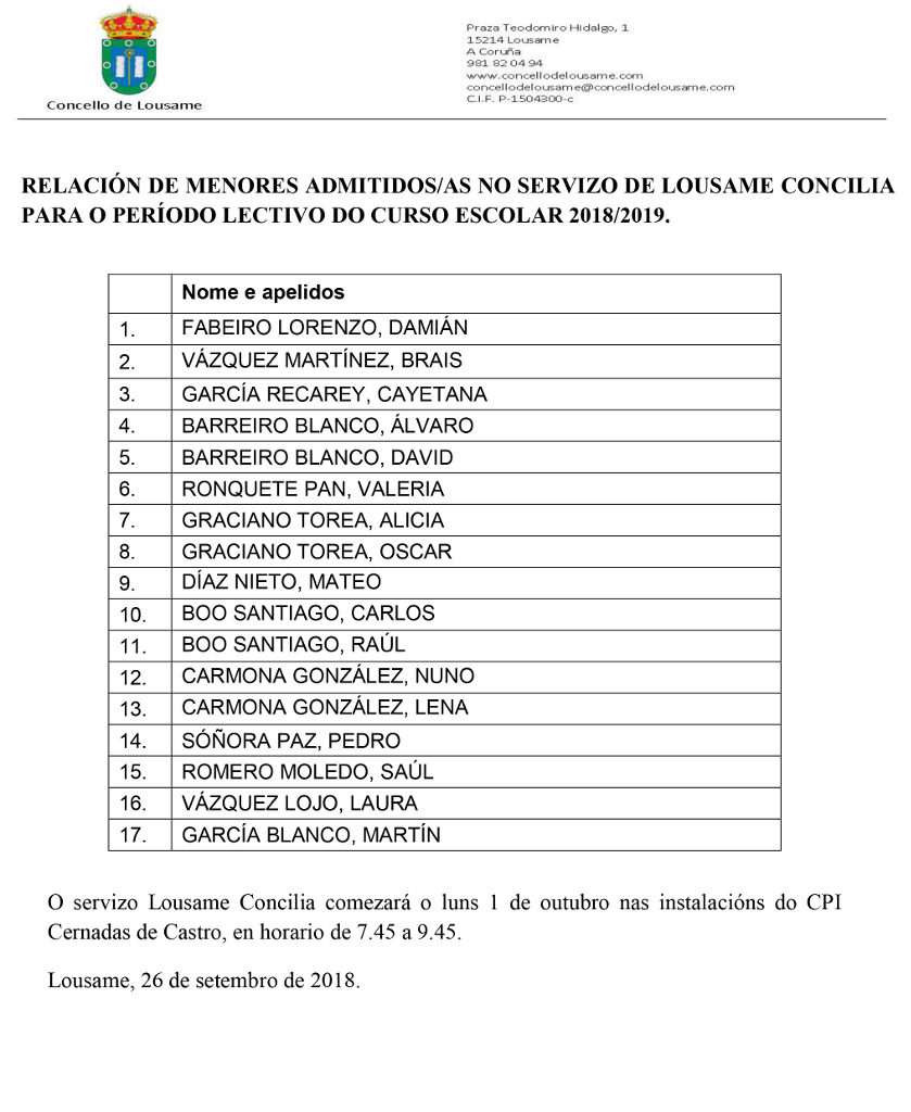 Relación de menores admitidos/as no servizo de Lousame Concilia para o período lectivo do curso escolar 2018/2019