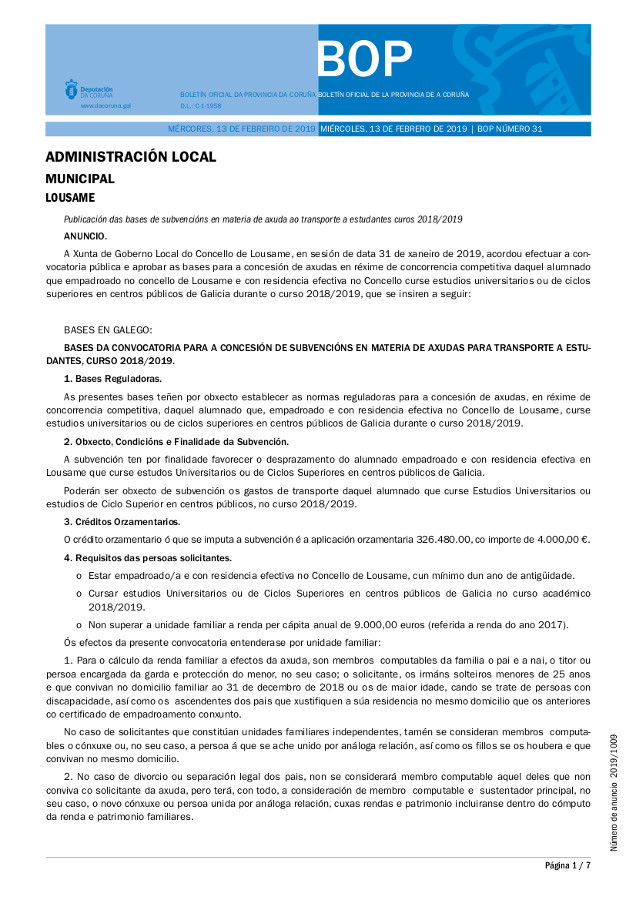 Lousame convoca bolsas de transporte para persoas que cursen estudos universitarios ou de ciclo superior no curso 2018/19