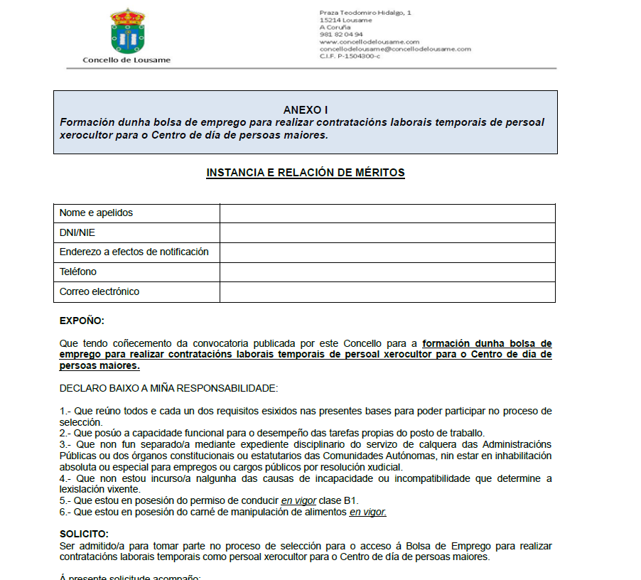 Anexo I Instancia e relación de méritos para a Bolsa de emprego de persoal xerocultor para o Centro de Día de Lousame