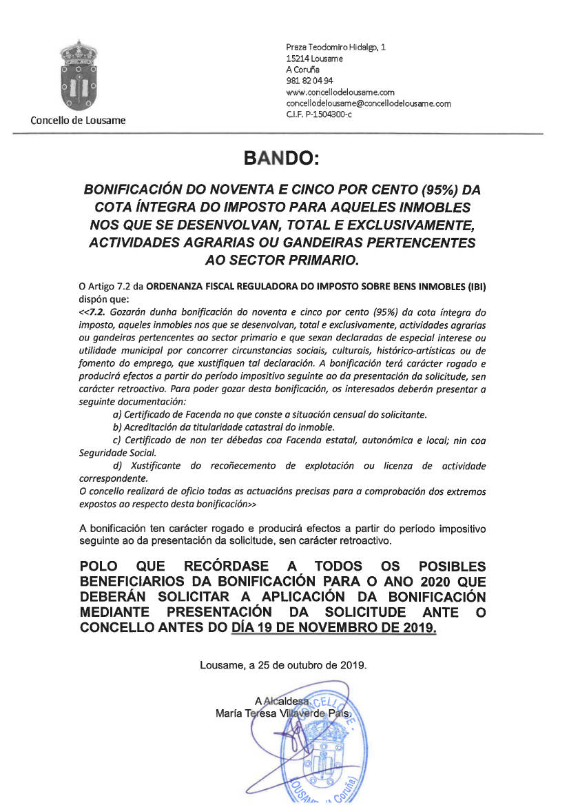 Bonificación do 95% da cota íntegra do imposto para inmobles nos que se desenvolvan actividades agrarias ou gandeiras