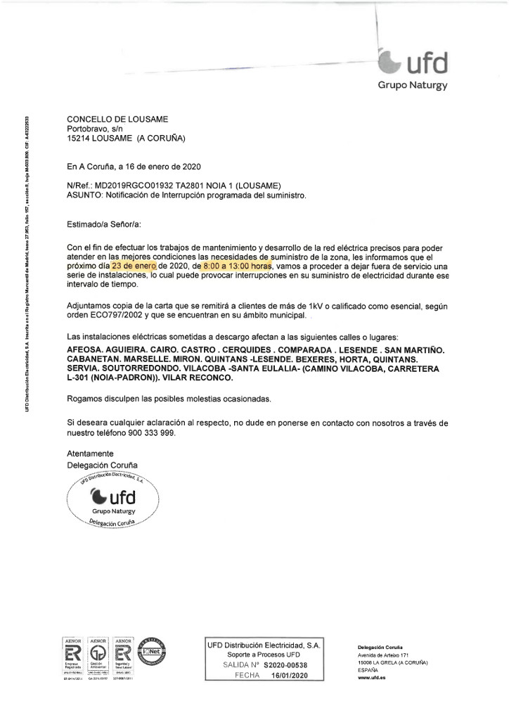 Notificación de Interrupción programada del suministro