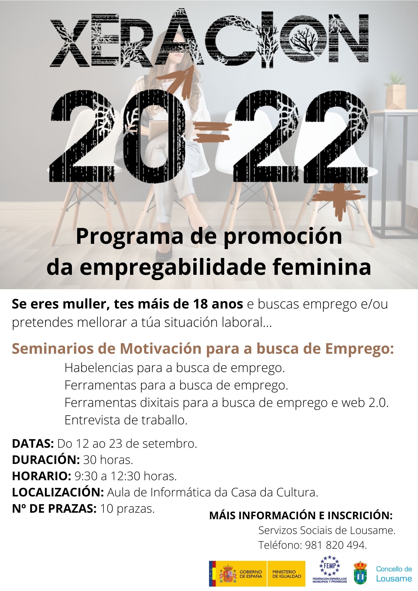 Últimas prazas para participar en Lousame no programa gratuíto de promoción da empregabilidade feminina “Xeración 20=22”